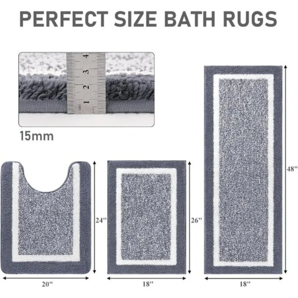 New 3-Piece Bathroom Rug Set, Shaggy Non-Slip Microfiber Mats in Dark Grey